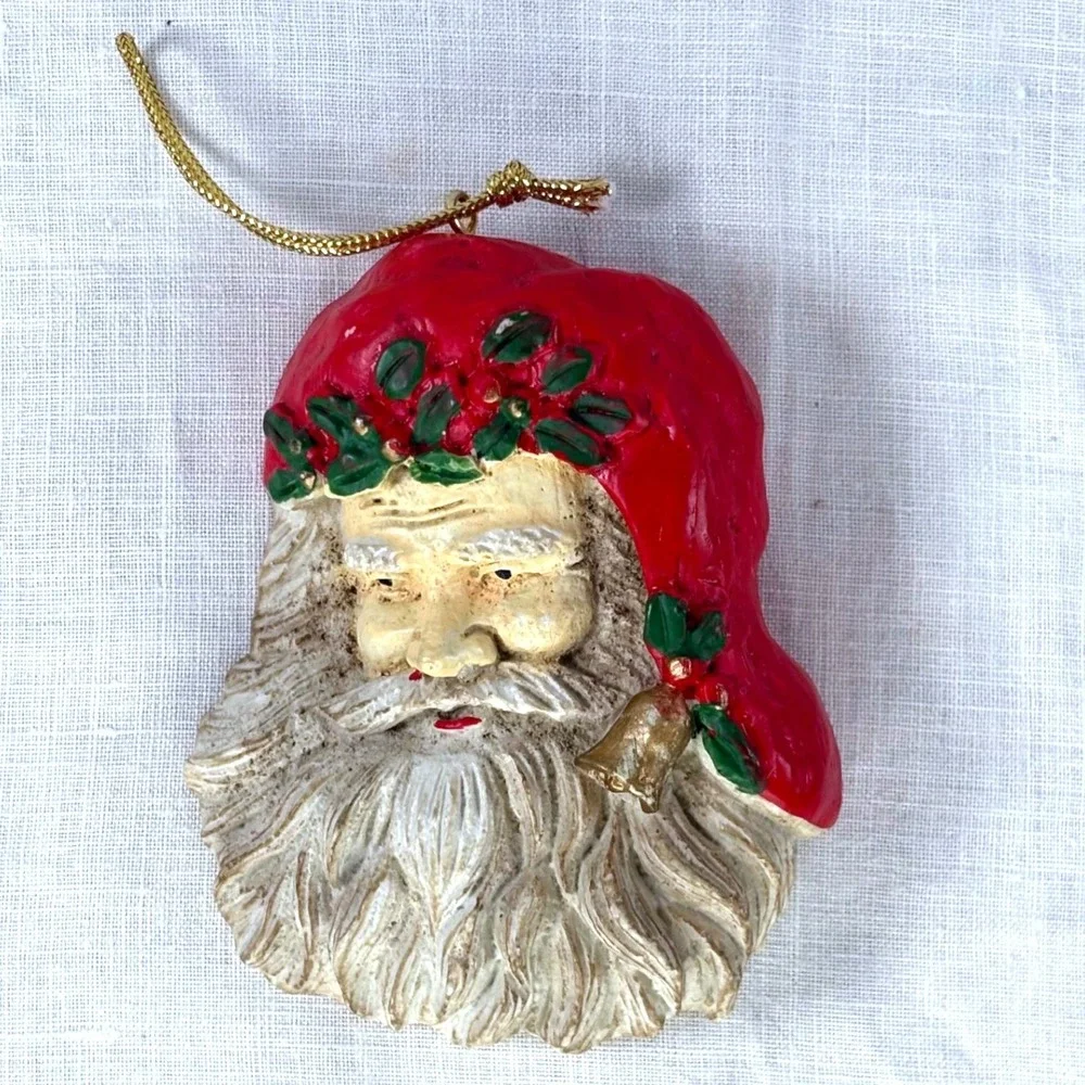 Vintage Style Santa Claus Head Christmas Ornament Red Hat Holly Bell Plaster